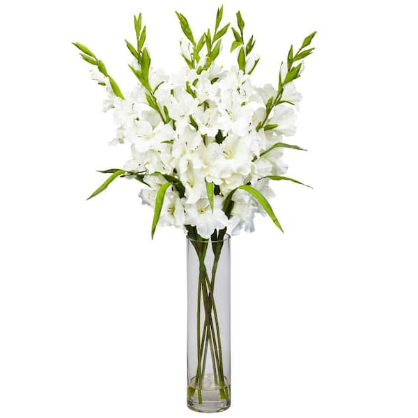Nearly Natural 35 in. H White Large Gladiola with Cylinder Vase Silk Arrangement