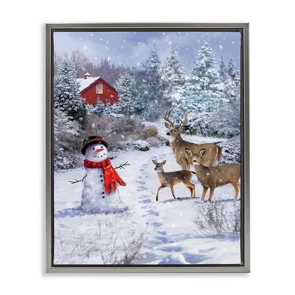 Stupell Industries Reindeer and Snowman Landscape by Jason Kirk 1-Piece Floater Frame Graphic Print Nature Poster Art Print 31 in. x 25 in.