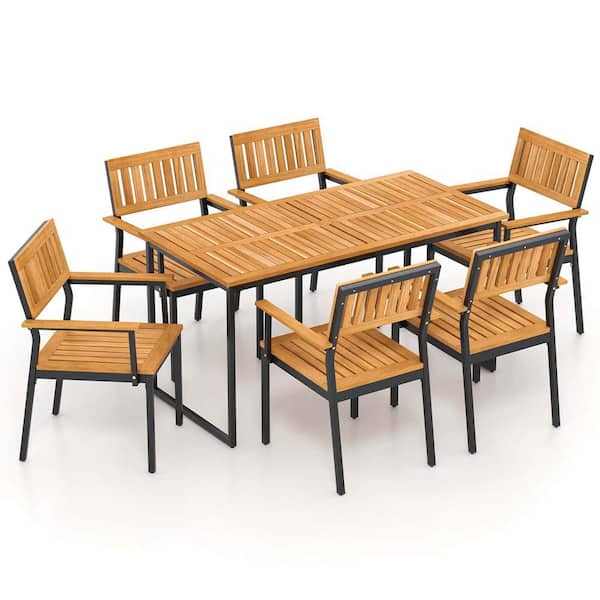 7-Piece Wood Outdoor Dining Set for 6 with Metal Frame Umbrella Hole for Garden Porch