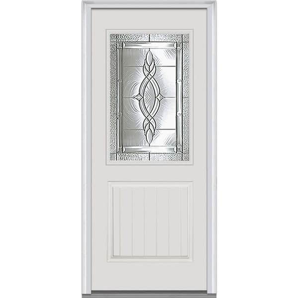 MMI Door 32 in. x 80 in. Brentwood Right-Hand 1/2 Lite 1-Panel Planked Classic Primed Fiberglass Smooth Prehung Front Door