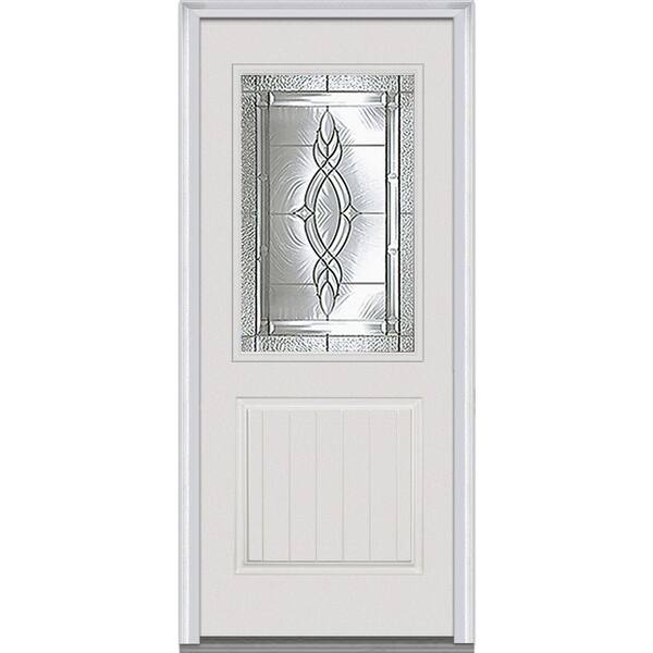 MMI Door 36 in. x 80 in. Brentwood Left-Hand 1/2 Lite 1-Panel Planked Classic Primed Fiberglass Smooth Prehung Front Door