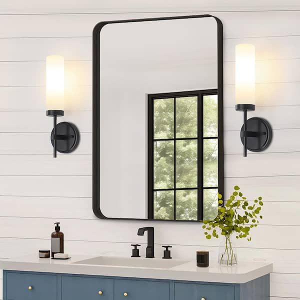 1-Light Black Modern Wall Sconce Light with White Frosted Glass (Set of 2)