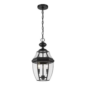 2-Light Black Outdoor Pendant Light with Clear Beveled Glass Shade