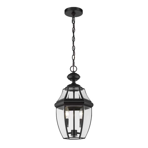 2-Light Black Outdoor Pendant Light with Clear Beveled Glass Shade ...