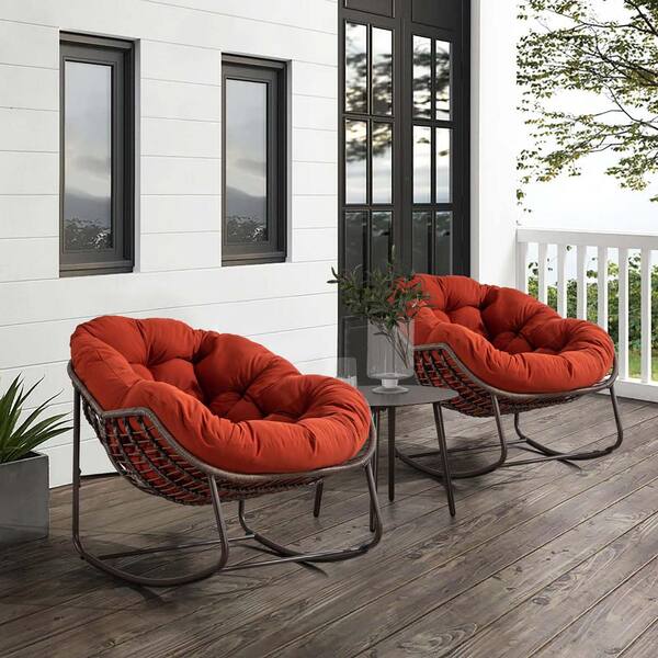 Unbranded Wicker Indoor/ Outdoor Rocking Chair Patio Egg Chair Rattan  Lounge Chair with Orange Padded Cushion P105284-AB
