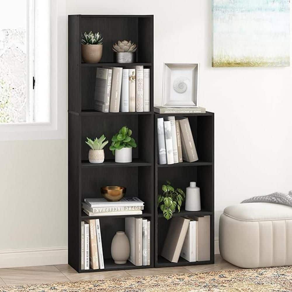 72 in. Tall Black Wood 5-Shelf Standard Bookcase with Storage