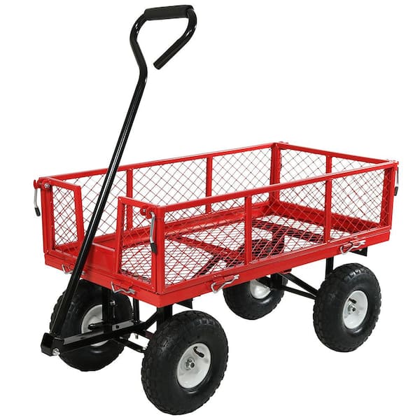 Sunnydaze Red Steel Utility Cart with Removable Folding Sides