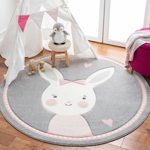 Carousel Kids Gray/Ivory 5 ft. x 5 ft. Border Solid Color Round Area Rug