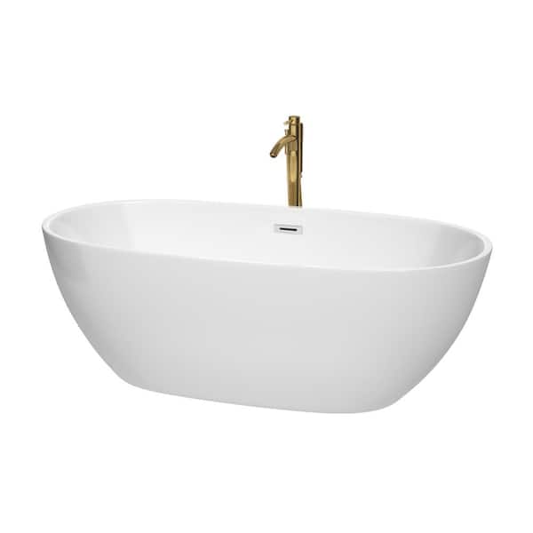 Wyndham Collection Juno 67 in. Acrylic Flatbottom Bathtub in White with Polished Chrome Trim and Brushed Gold Faucet
