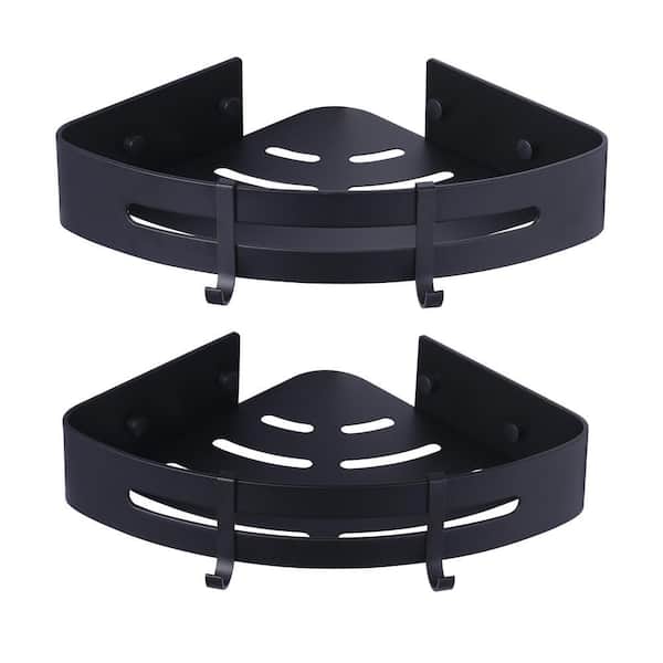 Aluminum Corner Shower Caddy, Triangular Shower Basket with 4 Hooks and Concealed Hardware in Matte Black (2-Packs)