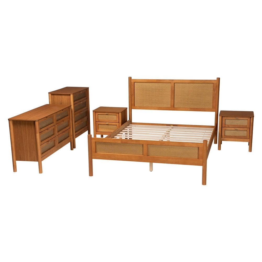 Jenn Golden Brown Wood and Rattan Queen Bedroom Set