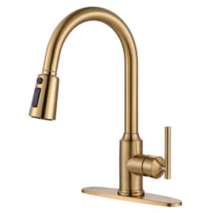 Single-Handle Wall Mount Gooseneck Pull Down Sprayer Kitchen Faucet with Deckplate Included in Brushed Gold