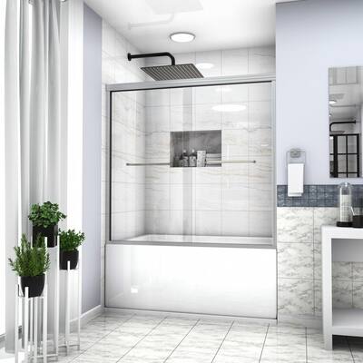 61 in. W x 58-1/8 in. H Sliding Semi Frameless Bathtub Door in Brushed Nickel with Clear Glass