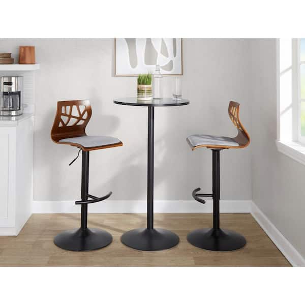 LumiSource Folia 32.5 in. Grey Fabric, Walnut Wood and Black Metal Adjustable Bar Stool with Rounded T Footrest (Set of 2)
