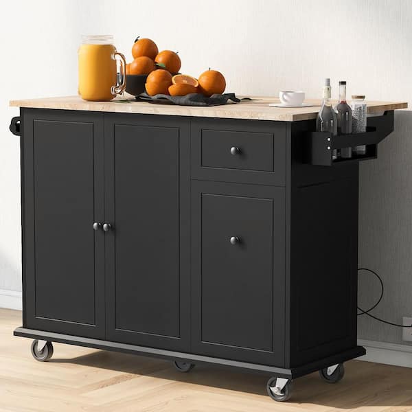 Unbranded Black Rubber Wood 53.9 in. Kitchen Island on Wheels with 3 Tier Pull Out Cabinet Organizer