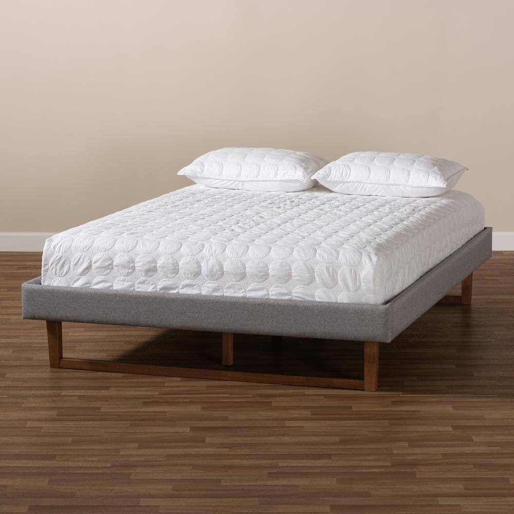 Liliya Queen-Size Walnut Wood & Light Grey Tufted Upholstered Bed Frame