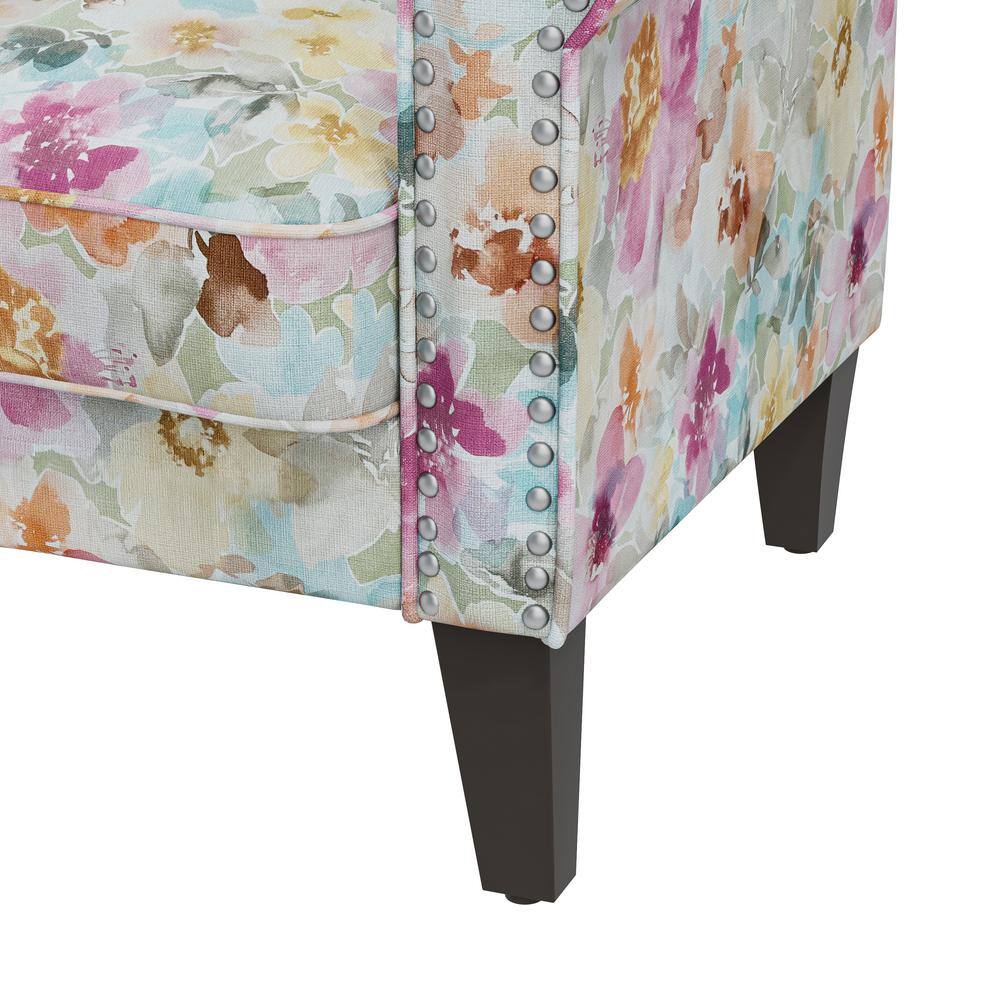 Pastel Pink Floral Rolled Arm Accent Chair with Nailhead Trim