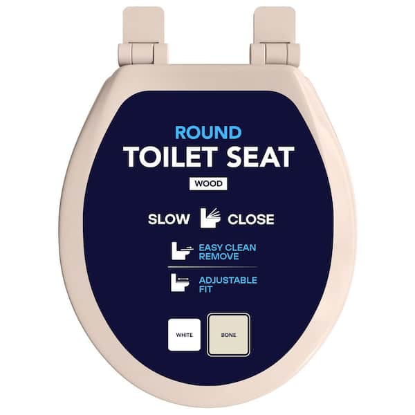 PLUMBFLEX Round Slow-Close Toilet Seat with Adjustable Hinges and Easy Removal Mechanism in Bone Molded Wood,  Standard Size Fit