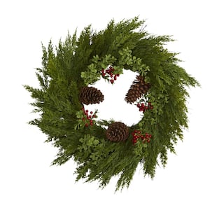 24" Holly Berry Wreath Holiday Season Decoration Nearly Natural Spiny Greens 
