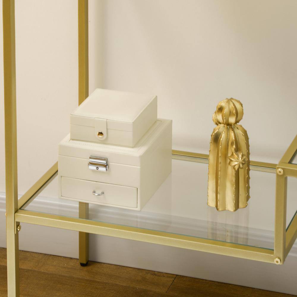 Gold Steel and Clear Glass Console Table with Storage Shelves