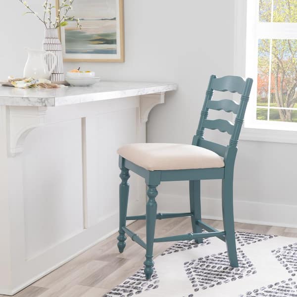 Marino 24 in. Antique Blue High Back Wood Counter Stool with Polyester Fabric Seat