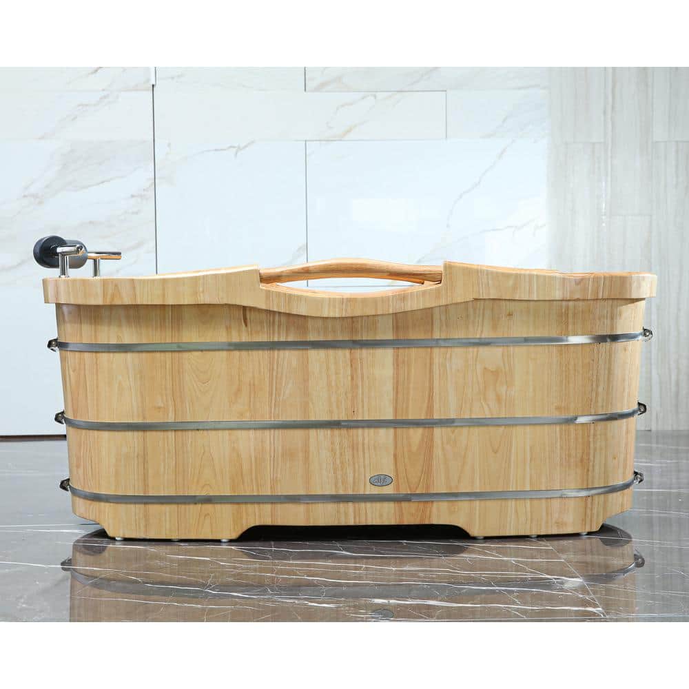 61'' Natural Oak Freestanding Soaking Bathtub with Cushion Headrest