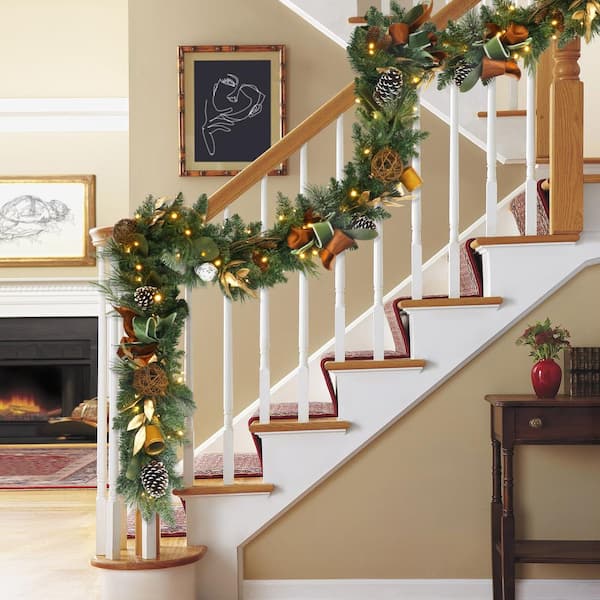 9 ft. Green Battery-Operated Prelit Decorated Artificial with Pine Cones and Gold Accents