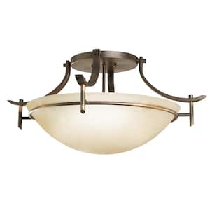 Olympia 24 in. 3-Light Olde Bronze Hallway Contemporary Semi-Flush Mount Ceiling Light with Etched Glass