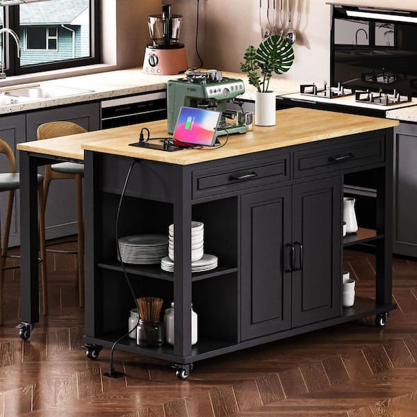 テーブル・チェア・ハンモック C.C. MASTER SHELF TABLE MIDNIGHT BLACK Nestfair Black Wood 47.2 in. Rolling Kitchen Island with