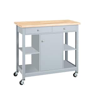 39 in. Rubber Wood TOP Kitchen Island Cart with 4-Open Shelves and 2-Drawers，Gray
