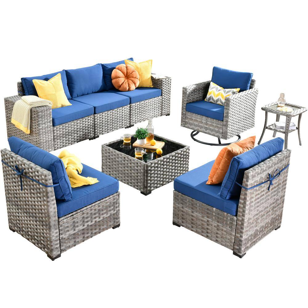 Gray 8-Piece Wicker Outdoor Sofa Set with Navy Cushions