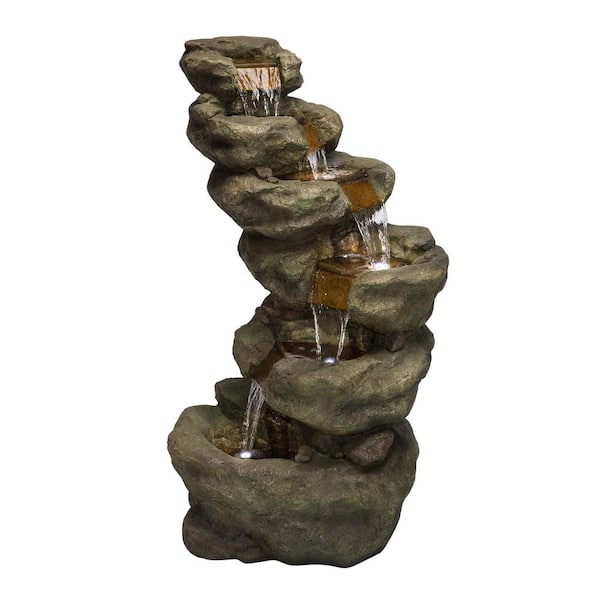Alpine Corporation 48 in. Tall Rock Waterfall Fountain with LED Lights, Gray