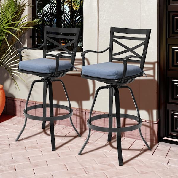 Swivel Cast Aluminum Outdoor Bar Stool with Sunbrella Spectrum Denim Blue Cushion (2-Pack)