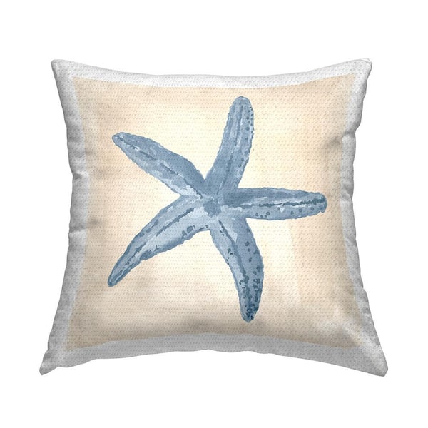 Beige Starfish Beach Life Blue Square Outdoor Throw Pillow