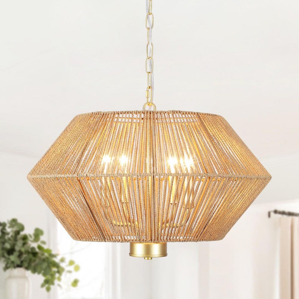 4-Light Gold Bohemian Drum Dimmable Hanging Pendant Light Chandelier with Paper Rattan Shade for Living Room price history on PriceWatchPro