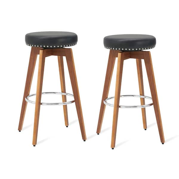 Glitzhome 31.25 in. H Balck Swivel Metal Wood Legs with Veneer Walnut Finish Leatherette Seat and Composite Bar Stool (Set of 2)