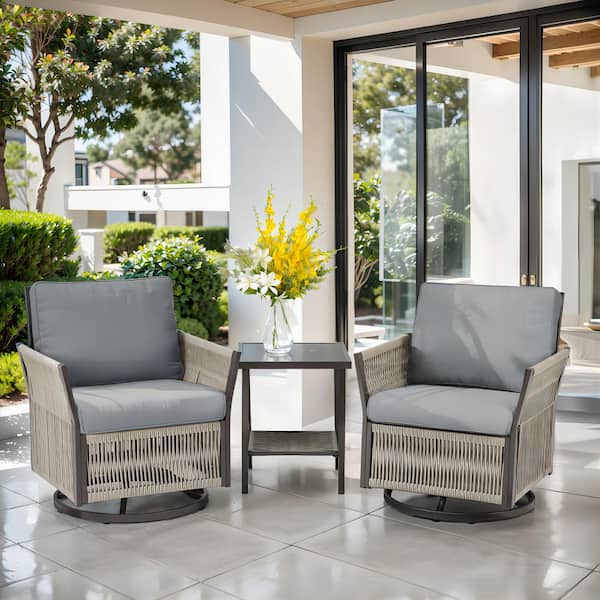 3-Piece Beige Wicker Outdoor Rocking Chair with Dark Gray Cushions