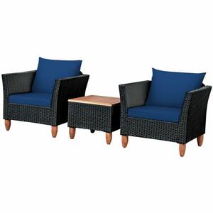 3-Pieces Rattan Outdoor Patio Conversation Set with Navy Cushions