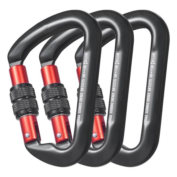 Climbing Carabiner Clips, 2.89 x 4.43 in. Aluminum Alloy, Black Heavy Duty Carabiner, 6744lbs. Spindle Strength(3 Pack)