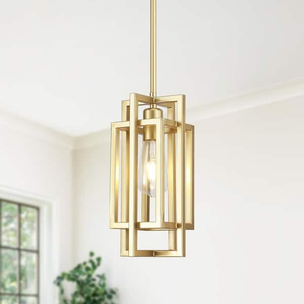 1-Light Gold Kitchen Island Pendant Light Mid-Century Modern Cage Hanging Lighting with Metal Shade