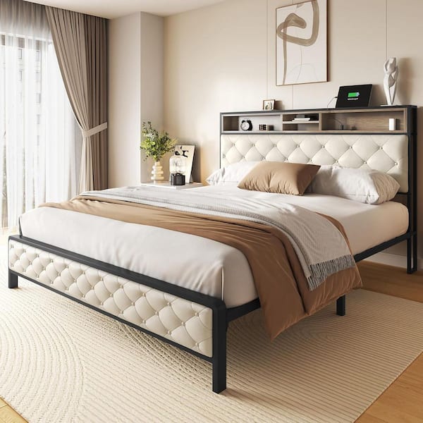 Beige Iron Frame Queen Size Upholstered Platform Bed with Charging Station, Storage Headboard & Footboard