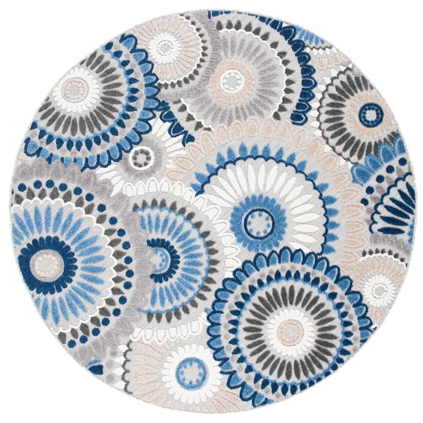 Cabana Gray/Blue 3 ft. x 3 ft. Medallion Floral Round Indoor/Outdoor Area Rug