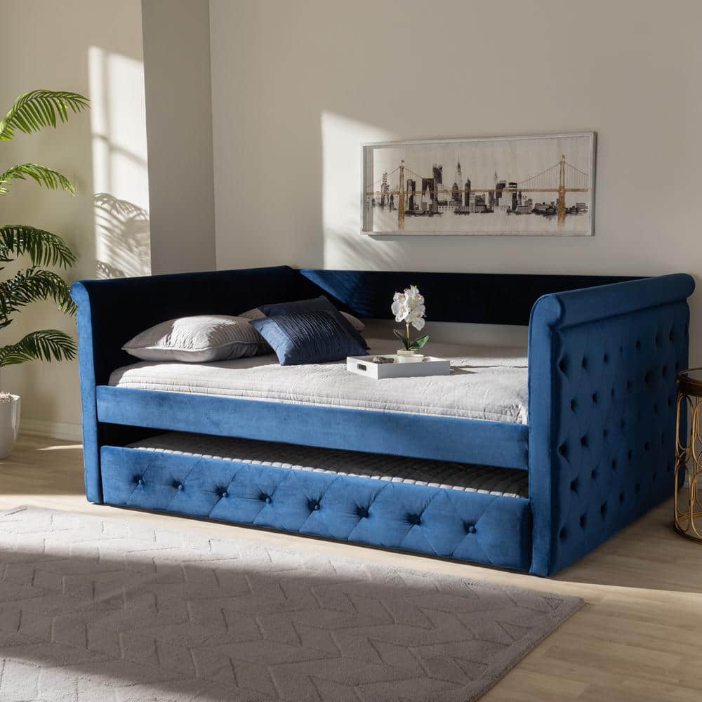 Navy Blue Velvet Upholstered Queen Daybed with Trundle