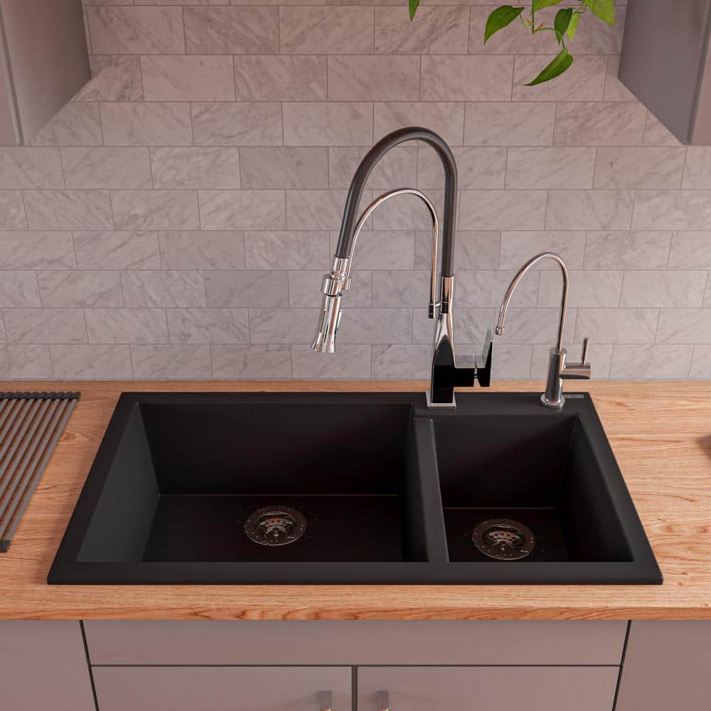 34'' Black Granite Double Bowl Drop-In Kitchen Sink