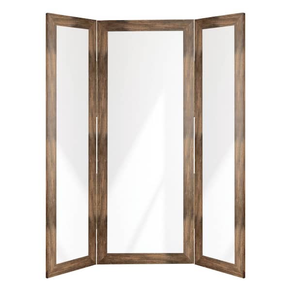 BrandtWorks 32 in. W x 71 in. H Chic Free Standing Tri-Fold Large Mirror with Drift Grain Finish