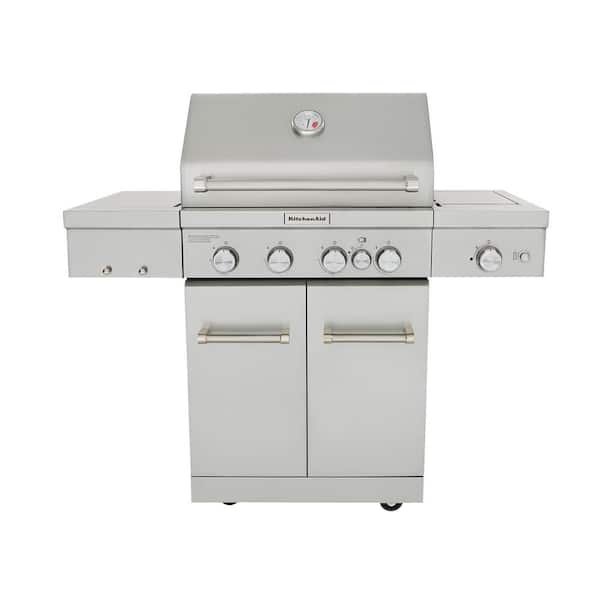 KitchenAid 4-Burner Propane Gas Grill in Stainless Steel with Ceramic Searing Side Burner and Rotisserie Burner