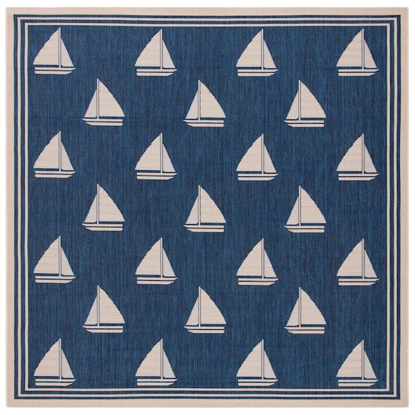 Courtyard Navy/Beige 7 ft. x 7 ft. Border Sailor Indoor/Outdoor Square Area Rug
