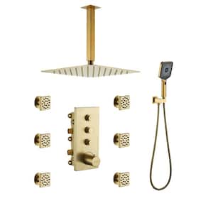Luxury Thermostatic 3-Spray Patterns 12 in. Flush Ceiling Mount Rainfall Dual Shower Heads with 6-Jets in Brushed Gold