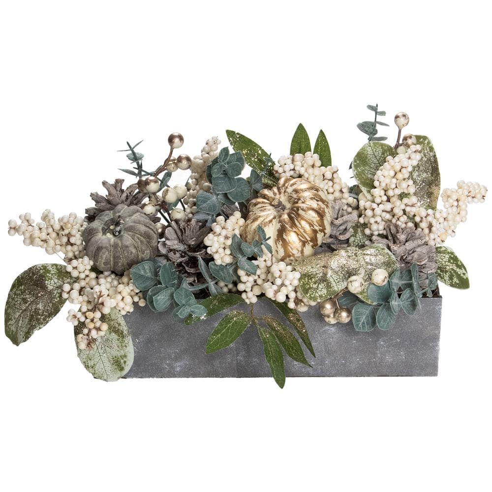 Northlight 8 in. Gray and Gold Pumpkin and Leaves Fall Harvest Floral Arrangement -  34315218