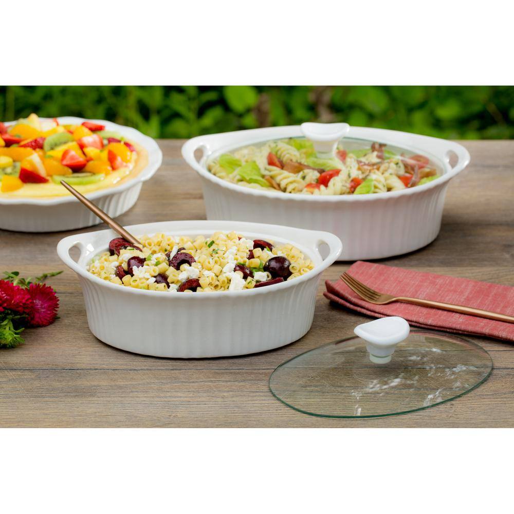 French White 1.5-Quart Oval Casserole with Glass Lid, Set of 2